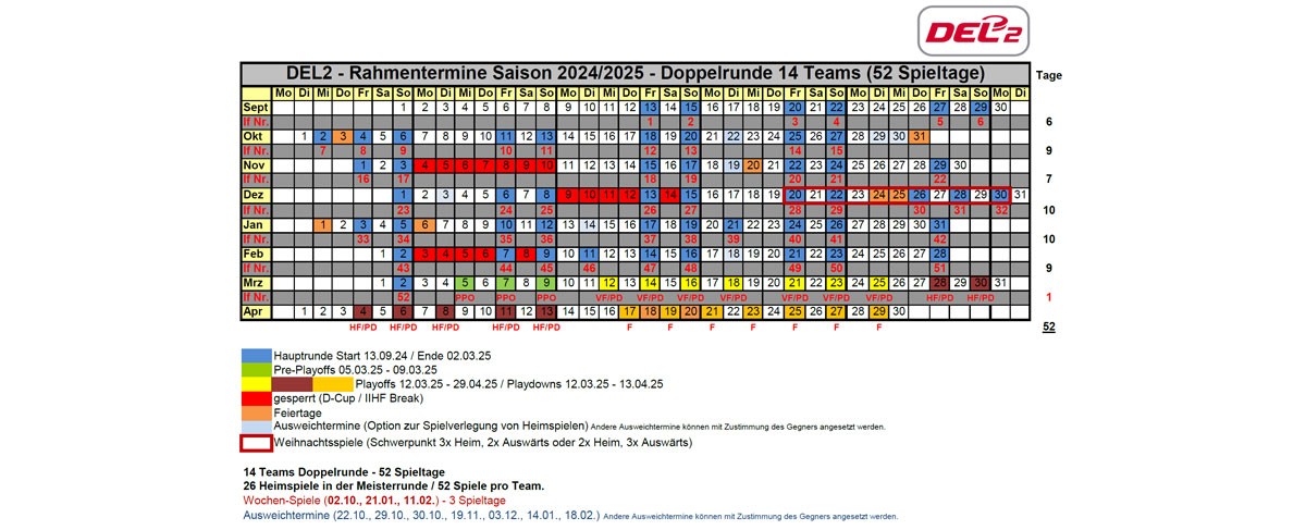 DEL2 gibt Rahmenterminplan für die Saison 2024/2025 bekannt