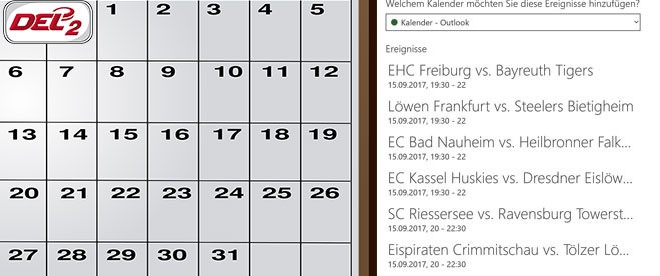 Neue Kalender-Funktion auf der DEL2-Homepage